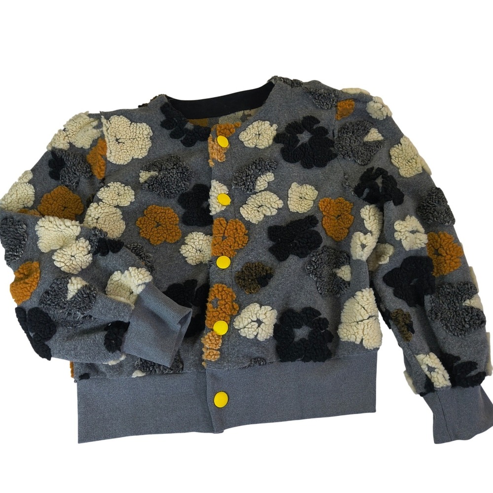 Floral Textured 3D Puff Sleeve Cardigan Grey Yellow Snap Front Plus Size 4XL